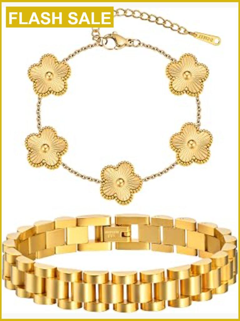 Stackable Floral Chain Bracelets Set, 2pcs 18k Gold Plated Non-Tarnish